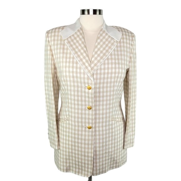 Escada Jackets & Blazers - ESCADA 1980s Tan White Check Linen Powersuit Jacket Blazer Size EU 42/US MED